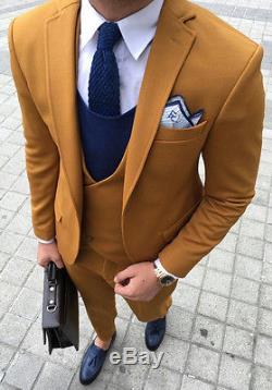 Designer Suit Business Hellbraun Herrenanzug Sakko Hose Weste Tailliert Slim Fit