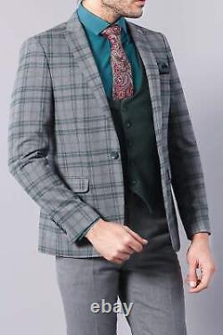 Dex Men's 3 Piece Sage Tweed Check Style Slim Fit Suit