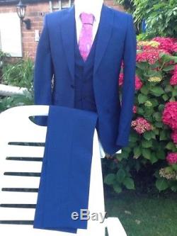 French Connection 3 Pc Royal Blue Suit 38L Jacket 32L Trouser Slim Fit Worn Once