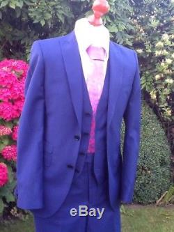 French Connection 3 Pc Royal Blue Suit 38L Jacket 32L Trouser Slim Fit Worn Once