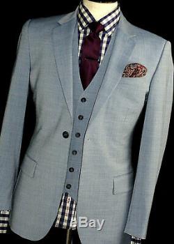 Gorgeous Mens Reiss London Light Baby Blue Slim Fit 3 Piece Suit 38s W32 X L30