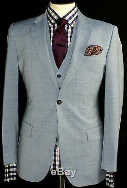 Gorgeous Mens Reiss London Light Baby Blue Slim Fit 3 Piece Suit 38s W32 X L30