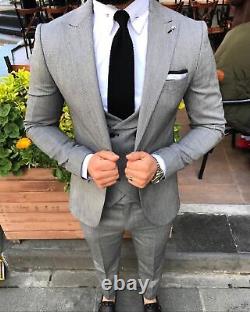 Gray Slim-Fit Suit 3-Piece, All Sizes Acceptable #111