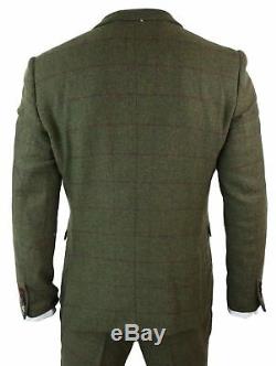 Green 3 Pieces Tweed Check Plaid Men's Vintage Suit Slim Fit Jacket Pants Vest