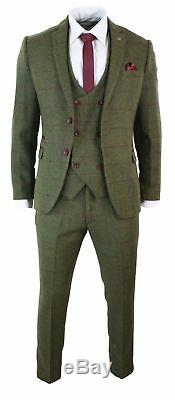 Green 3 Pieces Tweed Check Plaid Men's Vintage Suit Slim Fit Jacket Pants Vest