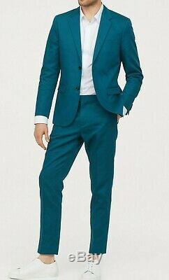 H&M Slim Fit 2 Piece Dark Green Teal Suit Sz 40 40R Blazer Jacket 33 Waist Pants