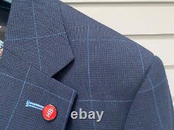 HARRY BROWN 3 Piece Suit 34R Jacket 28R Trouser Slim Fit Blue Check Floral Inner