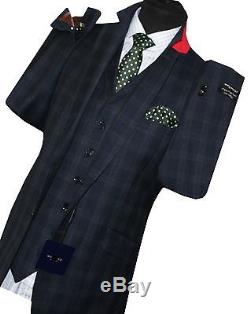 Holland Esquire Bnwt Mens Blue Pow Check 3 Piece Slim Fit Suit Uk 42r W36 X L33