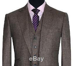 Holland Esquire Bnwt Mens Brown Tweed Check 3 Piece Slim Fit Suit Uk 38r W32 L33