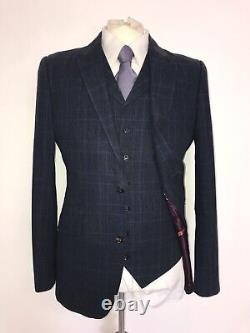 HOLLAND Esq Slim Fit 3 PIECE NAVY BLUE LINEN SUIT 40 Reg -W34 L31 GORGEOUS