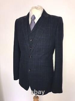 HOLLAND Esq Slim Fit 3 PIECE NAVY BLUE LINEN SUIT 40 Reg -W34 L31 GORGEOUS