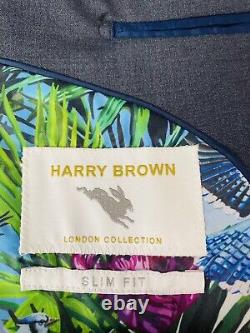 Harry Brown Grey Blue Wool Blend Mens Slim Fit 3 Piece Suit Size S, New