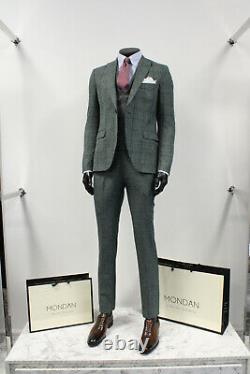 Herren Anzug 3 teilig Slim Fit Grün Karo Smoking Suit Business NEU 2020