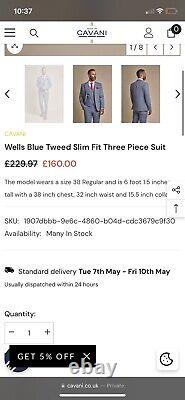 House of Cavani Wells Blue Tweed Slim Fit Three Piece Suit Clearance Sale mens