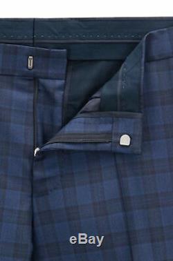 Hugo Boss Men's'Huge/Genius' Blue Slim Fit Virgin Wool Silk Checked Suit, 38R