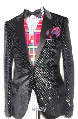 Luxury Mens D&g Dolce Gabbana Black Polka Dots Showbiz Slim Fit Suit 38r W32