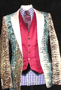 Luxury Mens D&g Dolce Gabbana Mixed Gold Sequin Showbiz Slim Fit Suit 36r W30
