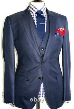 Luxury Mens Hugo Boss Italian Navy Textured 3 Piece Slim Fit Suit 42r W36 X L32