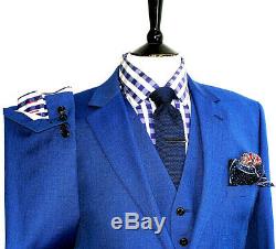 Luxury Mens Reiss London Petrol Blue 3 Piece Slim Fit Suit 42r W36 X L32