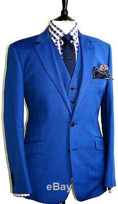 Luxury Mens Reiss London Petrol Blue 3 Piece Slim Fit Suit 42r W36 X L32