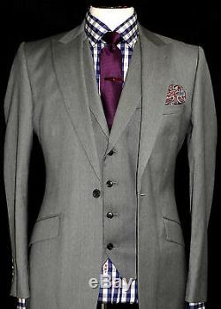 Luxury Mens Reiss London Plain Grey Slim Fit 3 Piece Fitted Suit 38r W32 X L32