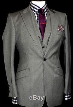 Luxury Mens Reiss London Plain Grey Slim Fit 3 Piece Fitted Suit 38r W32 X L32