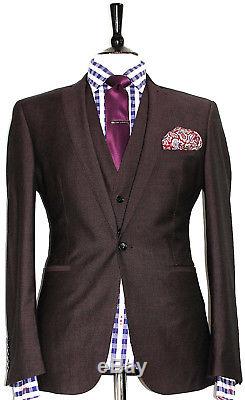 Luxury Mens Remus Uomo Burgundy Birdseye Slim Fit 3 Piece Suit 40r W34 X L31