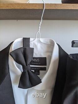 M&S 2 Piece Tuxedo + Shirt + Bow tie Slim Fit Men's Black 40R Jacket 34W 34L