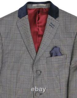 Madcap England 1960's Mod Suit Velvet Collar Grey Check Slim Fit 40S W36 L29