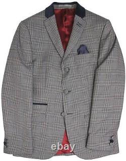 Madcap England 1960's Mod Suit Velvet Collar Grey Check Slim Fit 40S W36 L29