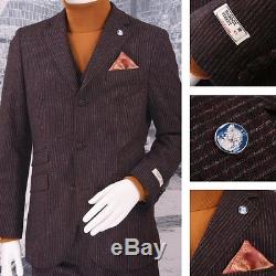 Maddox Street Slim Fit Three Button 3 Piece Mod Chalk Stripe Suit Burgundy