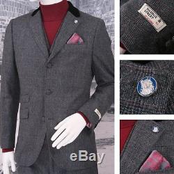 Maddox Street Slim Fit Three Button 3 Piece Mod Prince Of Wales Suit Charcoal