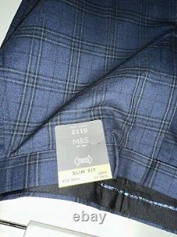 Marks & Spencer M&S Men's Check Slim Fit Suit in Navy Blue 40 Long, 34 Long