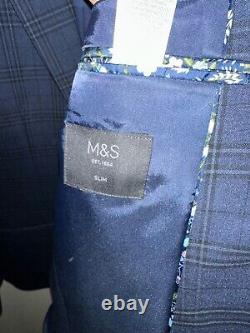 Marks & Spencer M&S Men's Check Slim Fit Suit in Navy Blue 40 Long, 34 Long
