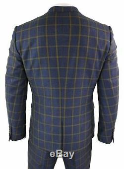 Men 3 Piece Blue Gold Slim Fit Prince Wales Check Suit Marc Darcy Wedding Prom