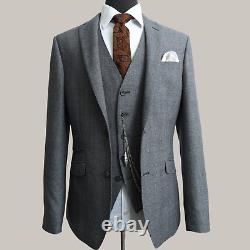 Men 3 Piece Suit Vintage Wedding Grey Check Formal Slim Fit 42R W36 L31
