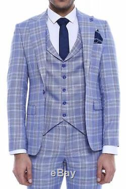 Men 3pc Vested Suit European WESSI, J. VALINTIN Slim Fit 132-21 English Plaid Blue
