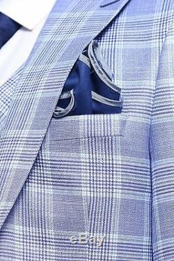 Men 3pc Vested Suit European WESSI, J. VALINTIN Slim Fit 132-21 English Plaid Blue