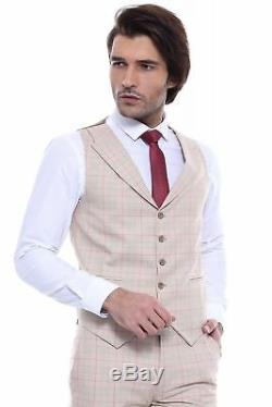 Men 3pc Vested Suit Turkey WESSI, J. VALINTIN Slim Fit 132-53 English Plaid Beige