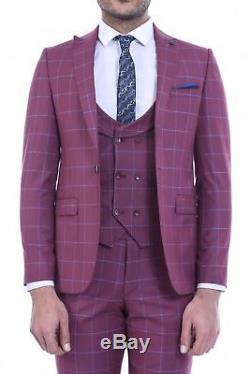 Men 3pc Vested Suit Turkey WESSI by J. VALINTIN Slim Fit 108-80 Plaid Red Blue