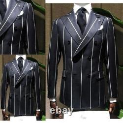 Men Black Wide Striped Suits Groom Tuxedos Pinstripe Fit Slim Coat Suit Outwear