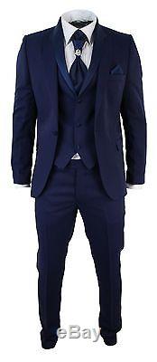 Men Blue Slim Fit Suits 3 Piece Wedding Grooms Prom Party Dinner 1 Button suits