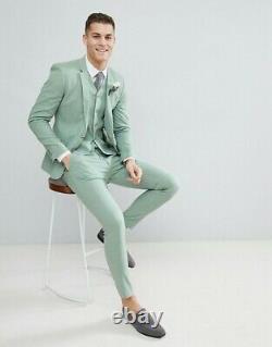 Men Mint Green 3 Piece Slim Fit Suit Groom Tuxedos Wedding Dinner Formal Suit