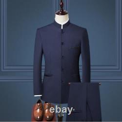 Men Stand Collar Chinese Style Slim Suit Set Zhong Shan Blazer Coat Pants 2Pcs