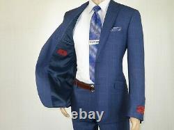 Men Suit By Renoir Windowpane English Plaid Slim Fit Side Vents Fit 2108-2 Blue