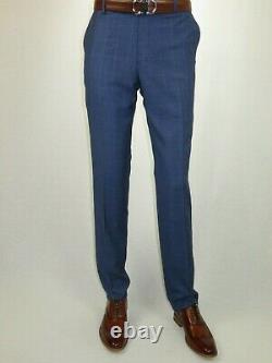 Men Suit By Renoir Windowpane English Plaid Slim Fit Side Vents Fit 2108-2 Blue