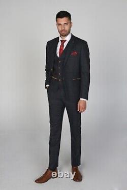 Men Tweed Suit Windowpane Check Navy Blue Slim Fit Formal Wedding 3 Piece Set