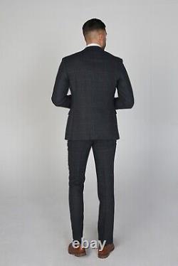 Men Tweed Suit Windowpane Check Navy Blue Slim Fit Formal Wedding 3 Piece Set