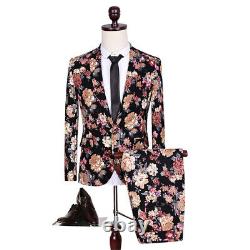 Men's 2 Piece Slim Fit Suit Set Tuxedo Button Floral Jacket Business Pants