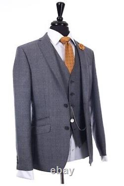 Men's 3 Piece Blue Grey Check Slim Fit Formal Wedding Suit 38R W32 L31
